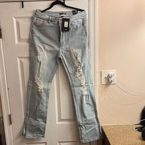 Fashion Nova Light Blue Distressed Straight Leg Jeans